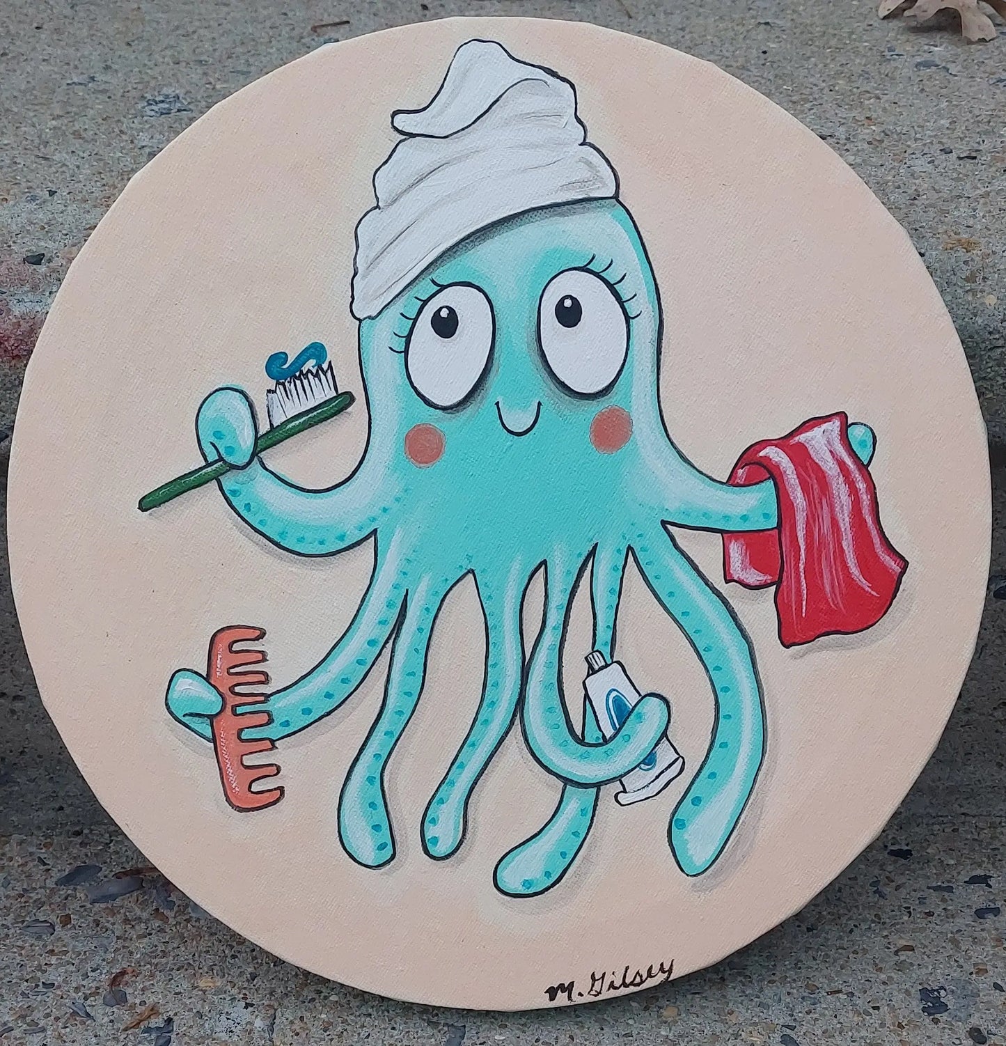 Scrub a Dub Dub Octopus ORIGINAL Painting 10" Round Canvas Outta the Blue Studio