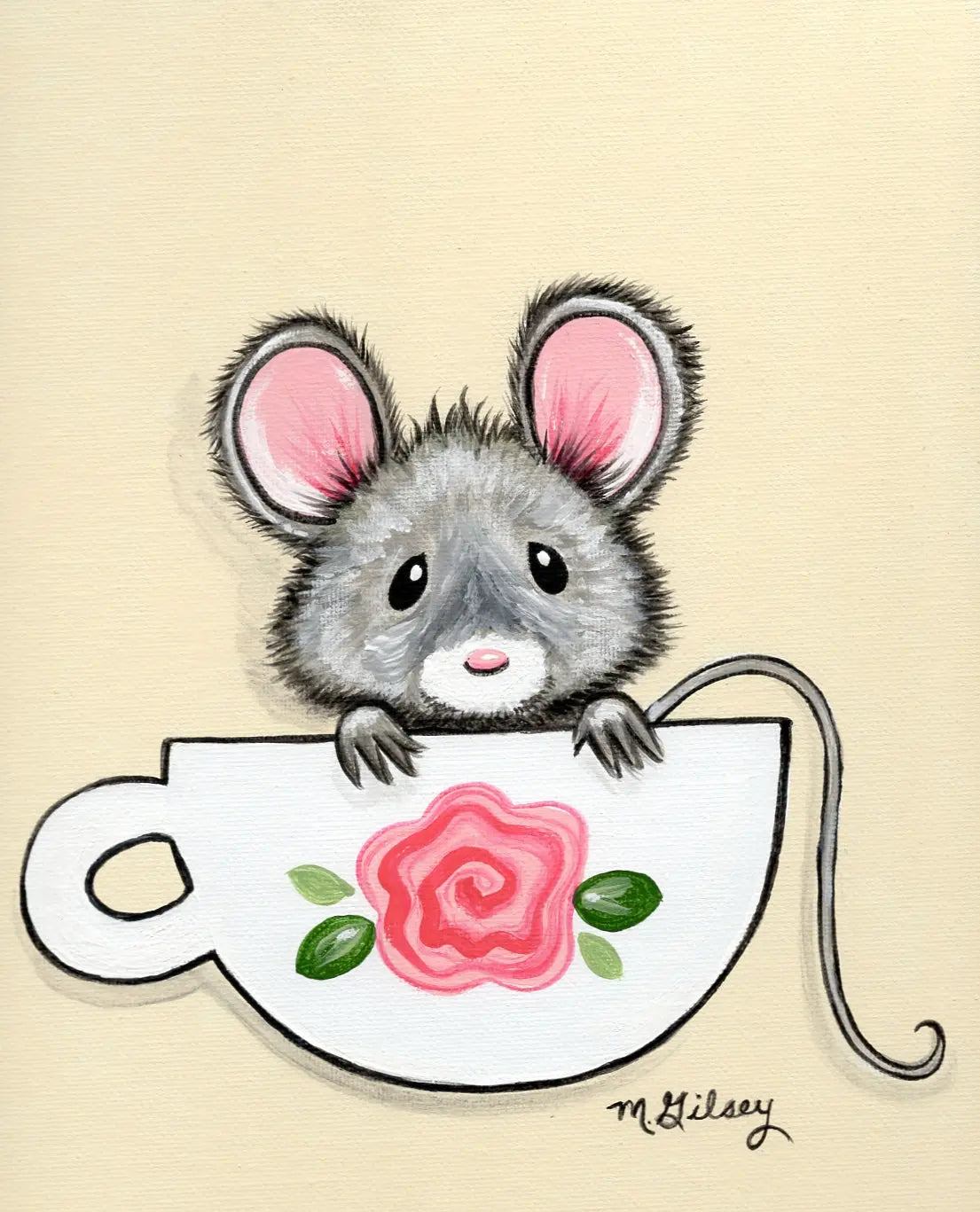 Cupful of Cute Gray Mouse ORIGINAL Painting 9"x12" acrylic painting Outta the Blue Studio