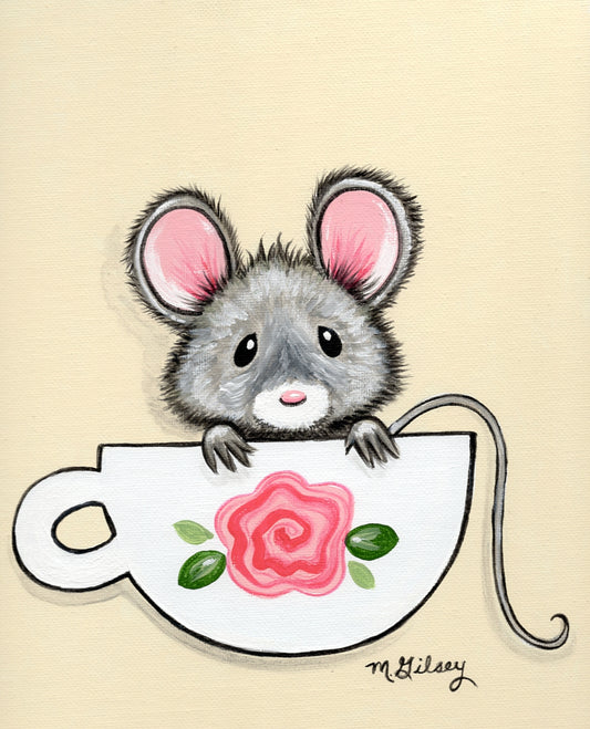 Cupful of Cute Gray Mouse ORIGINAL Painting 9"x12" acrylic painting