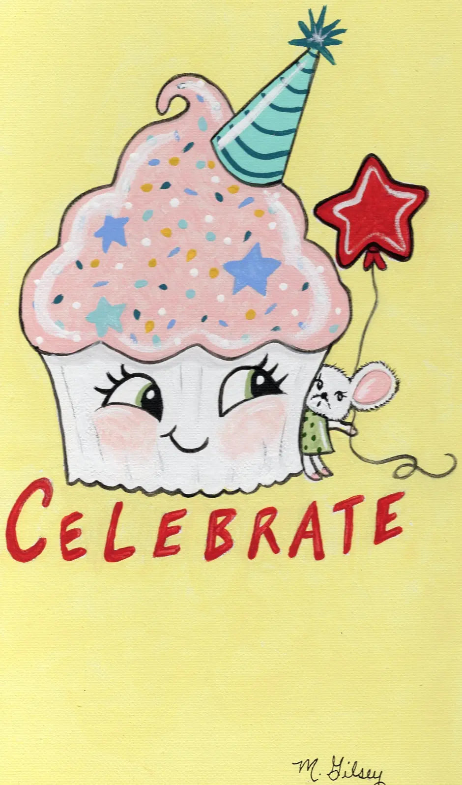 Celebrate Cutie Cupcake ORIGINAL Painting 9"x12" acrylic artwork for sale Outta the Blue Studio