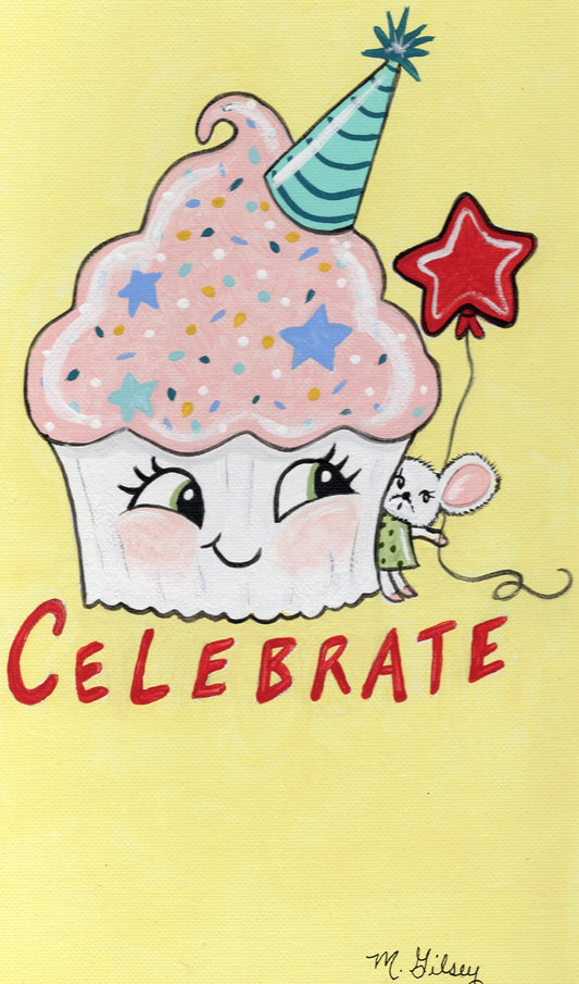 Celebrate Cutie Cupcake ORIGINAL Painting 9"x12" acrylic artwork for sale