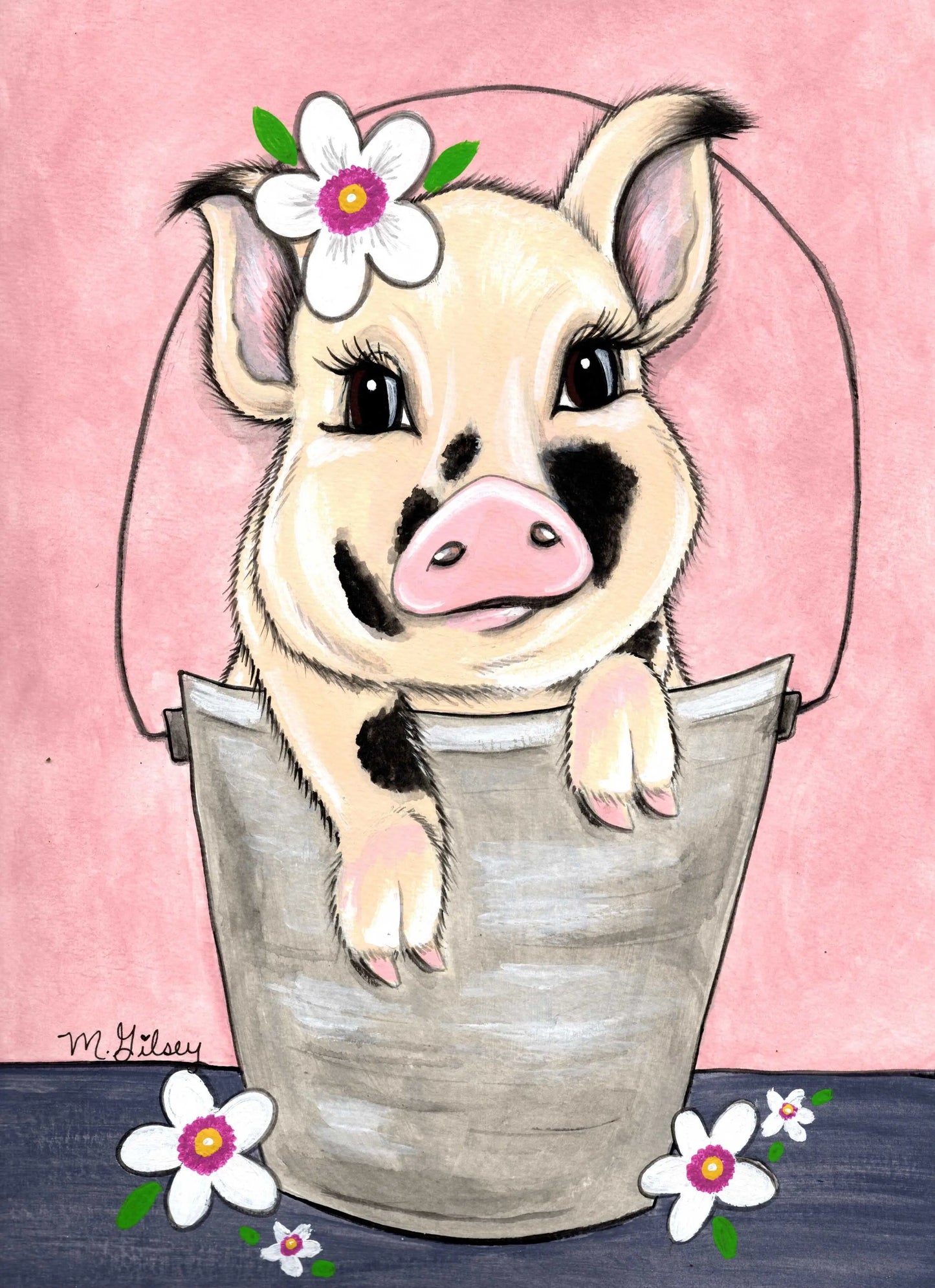 Daisy Pig ORIGINAL Acrylic Painting 9"x12" for Sale Outta the Blue Studio