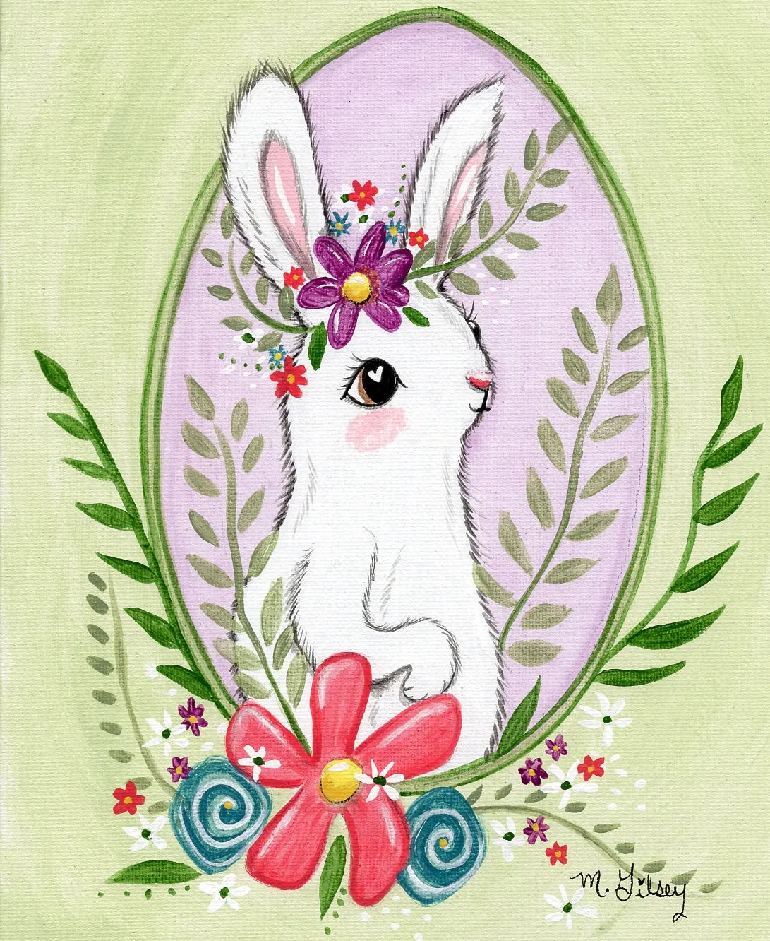 Floral Bunny Oval ORIGINAL Painting 8"x10" acrylic painting Outta the Blue Studio