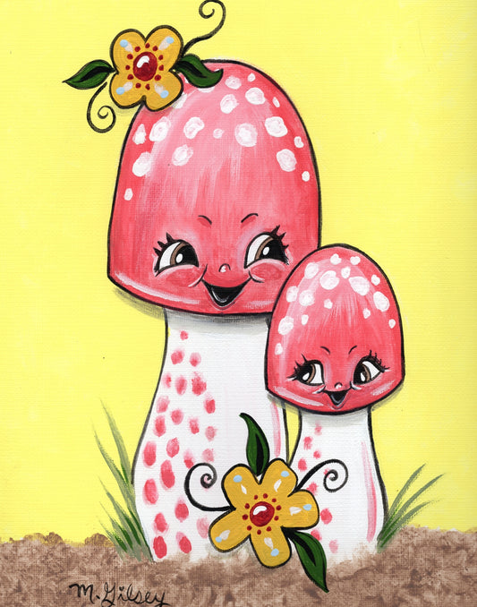 Cheerful Red n White polka dot Mushroom family ORIGINAL Painting 9"x12", acrylics