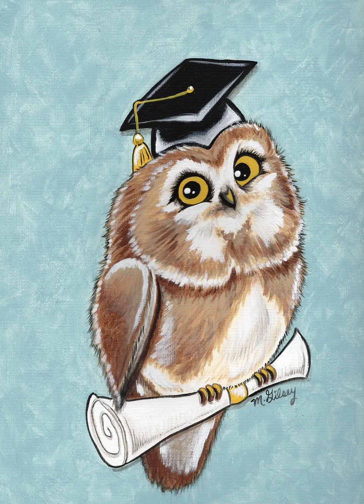 Graduation Owl ORIGINAL Painting, Acrylic on acrylic paper 9"x12" Outta the Blue Studio