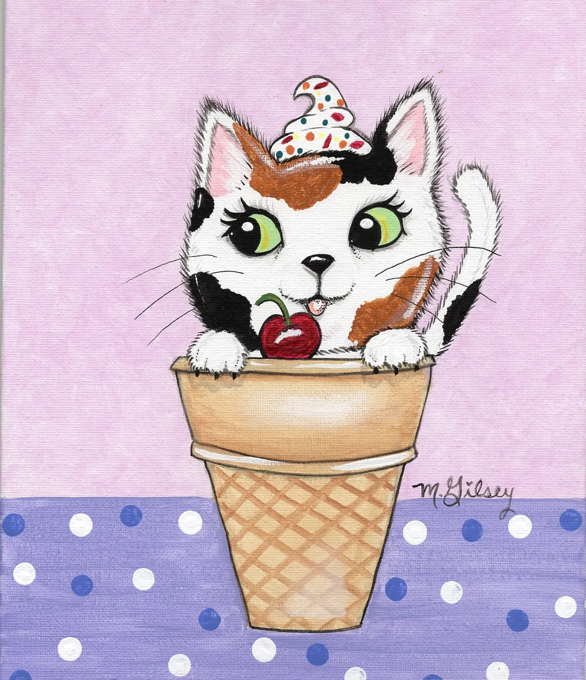 Kitty Kone Calico Kitty Cat Original Painting for Sale, acrylic painting, 8"x10" Outta the Blue Studio