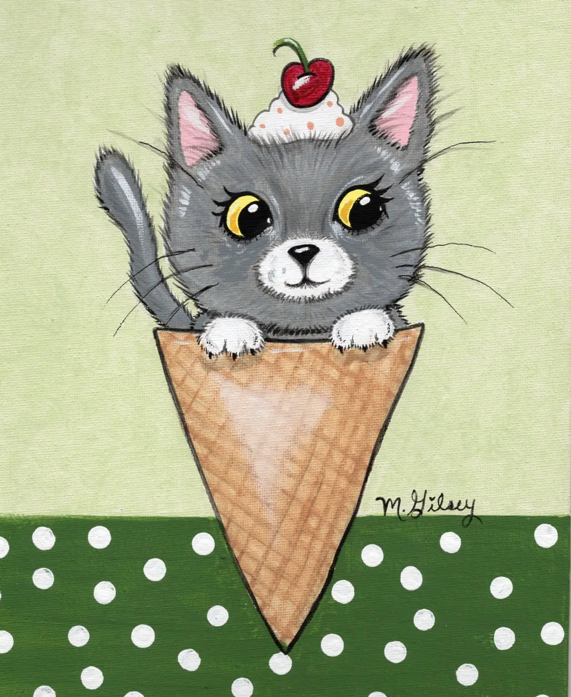 Kitty Kone Gray and White Kitty ORIGINAL Painting 8"x10" acrylic painting Outta the Blue Studio