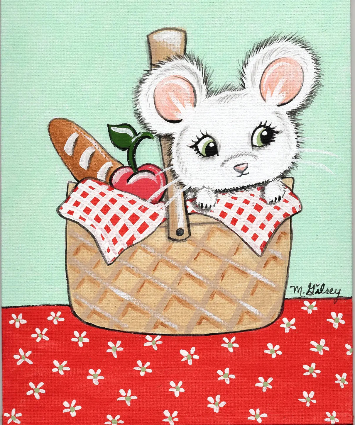 Picnic Mouse ORIGINAL Painting 8x10 canvas panel, original art, acrylic painting, mouse, picnic Outta the Blue Studio
