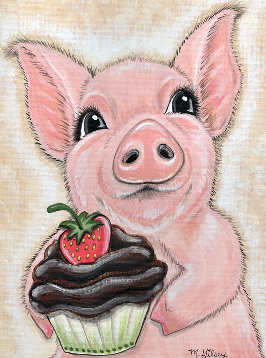 Cupcake Piggie ORIGINAL Painting for Sale, 9"x12" artwork, pig, cupcake