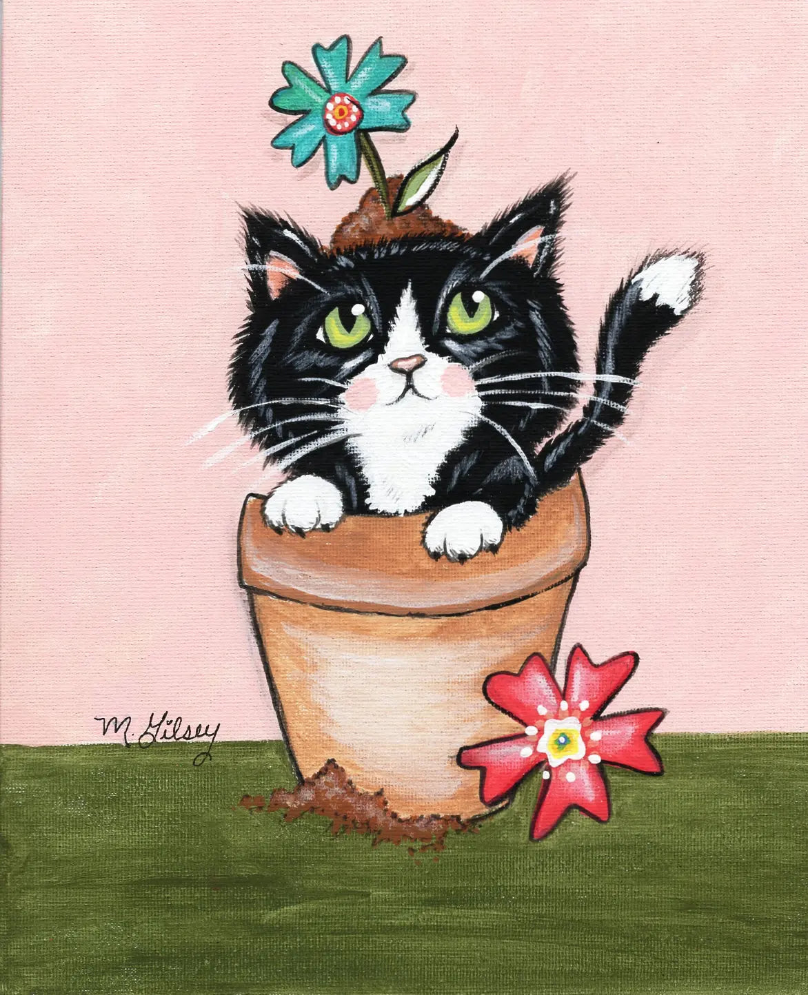Potted Paws Black & White Kitty ORIGINAL Painting 8"x10" acrylic artwork Outta the Blue Studio