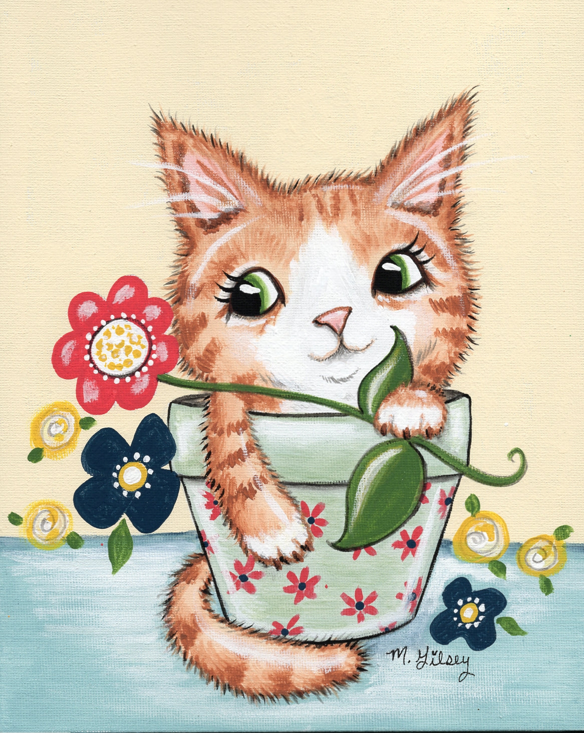 Potted Paws Orange Tabby Cat ORIGINAL acrylic Painting 8"x10"