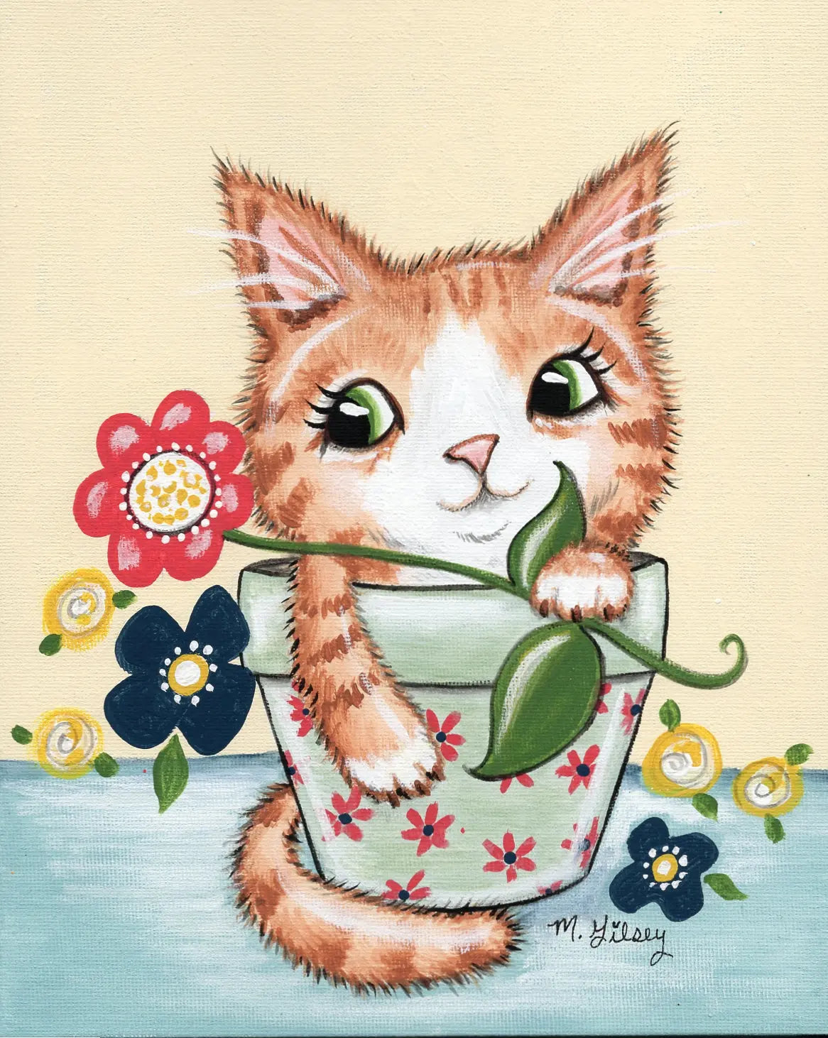 Potted Paws Orange Tabby Cat ORIGINAL acrylic Painting 8"x10" Outta the Blue Studio