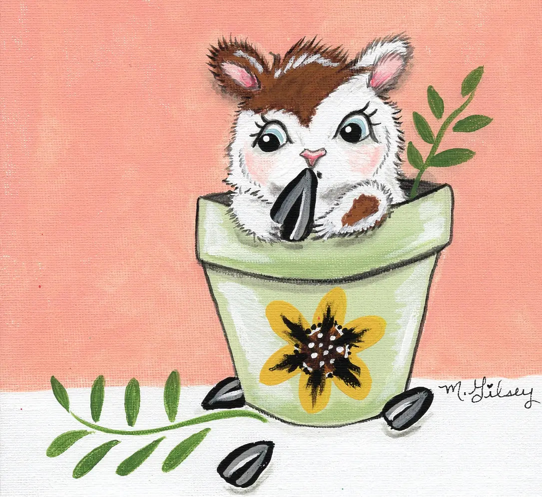 Potted Paws Sunflower Hamster ORIGINAL Painting 8"x10" acrylic artwork Outta the Blue Studio