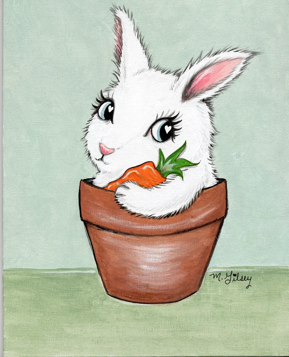 Bunny Rabbit Wall Art, Carrots the Bunny in Pot ORIGINAL Painting 8"x10", for bunny collectors, gift for her, garden lovers Outta the Blue Studio