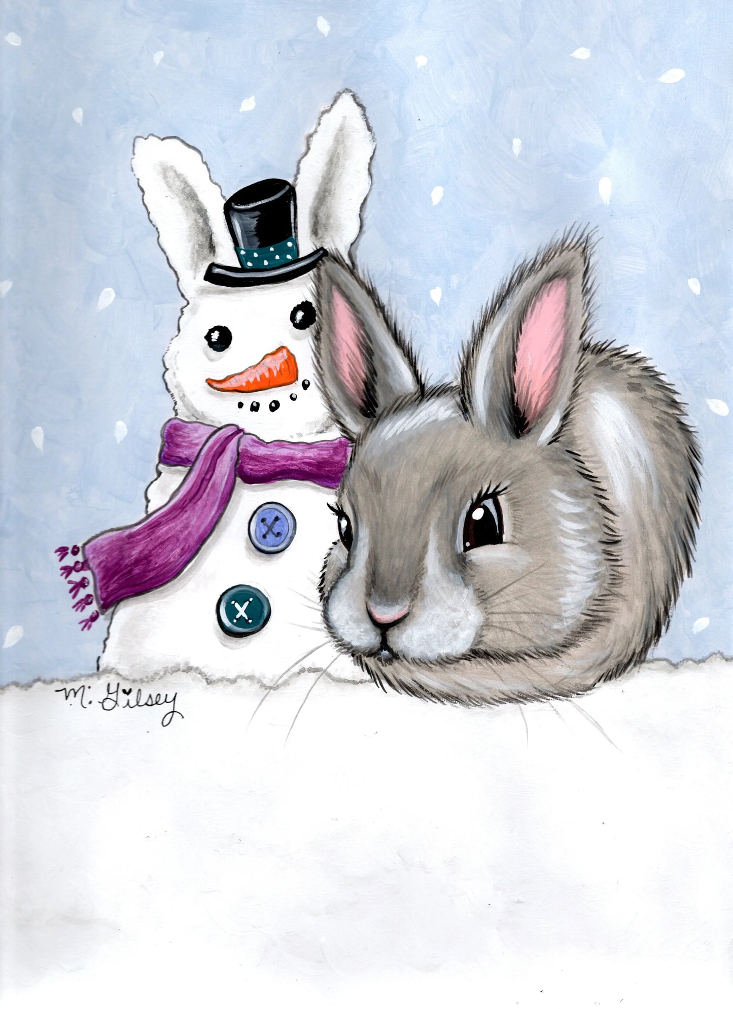 Winter Snow Bunny ORIGINAL Painting for Sale 9"x12" Outta the Blue Studio