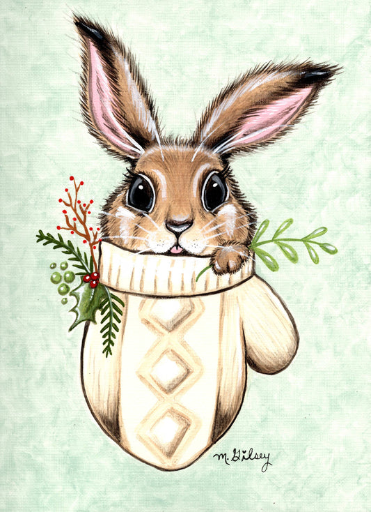 Winter MItten Bunny ORIGINAL Painting for Sale, 9"x12" acrylic artwork