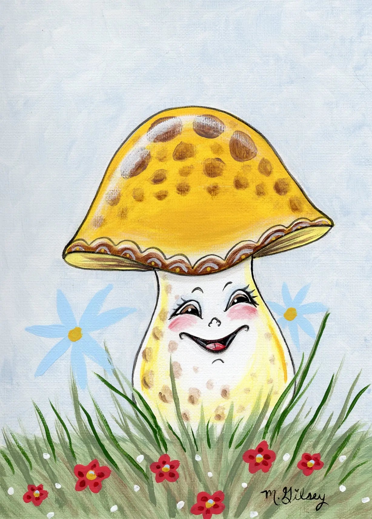 Cheerful Yellow Mushroom ORIGINAL Painting 9"x12" acrylic paints Outta the Blue Studio