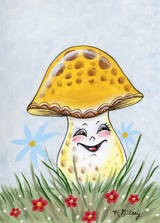 Cheerful Yellow Mushroom ORIGINAL Painting 9"x12" acrylic paints