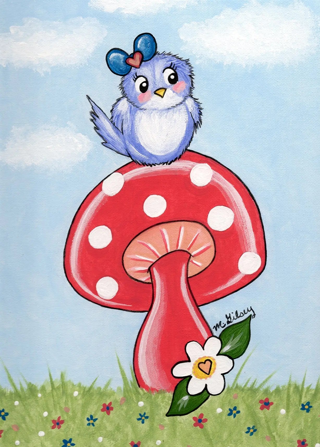 Lil Birdie on a Mushroom ORIGINAL Acrylic Painting 8"x10" Outta the Blue Studio