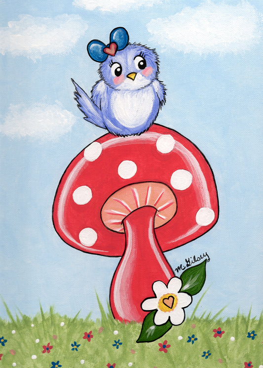Lil Birdie on a Mushroom ORIGINAL Acrylic Painting 8"x10"