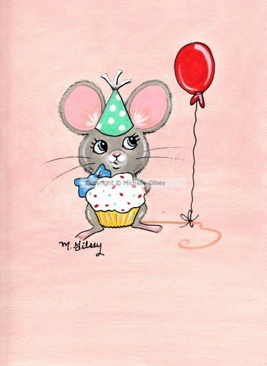 Birthday Mouse ORIGINAL Painting for Sale, acrylic paints, mouse, cupcake, birthday party, balloon, party hat