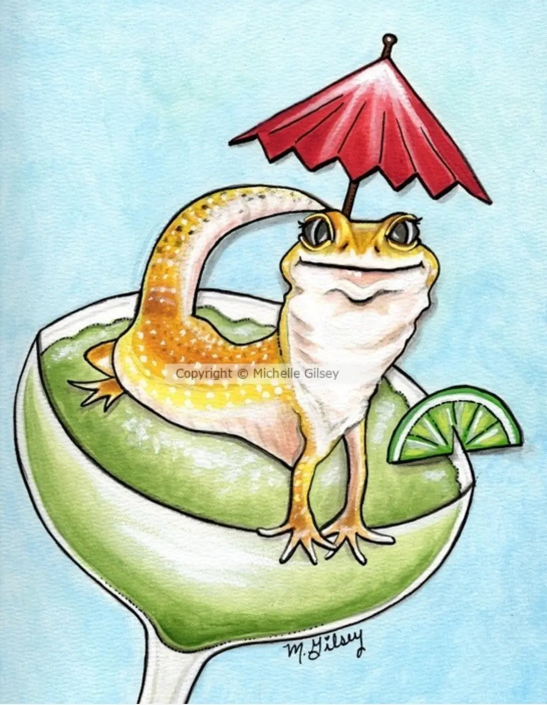 It's 5 o'clock Somewhere ORIGINAL Acrylic Painting for Sale, Gecko, Margarita, cocktail umbrella Outta the Blue Studio