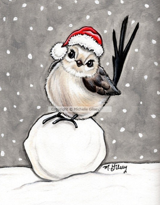 Snowball Santa Birdie ORIGINAL Acrylic Painting, bird, snowy, santa hat, winter