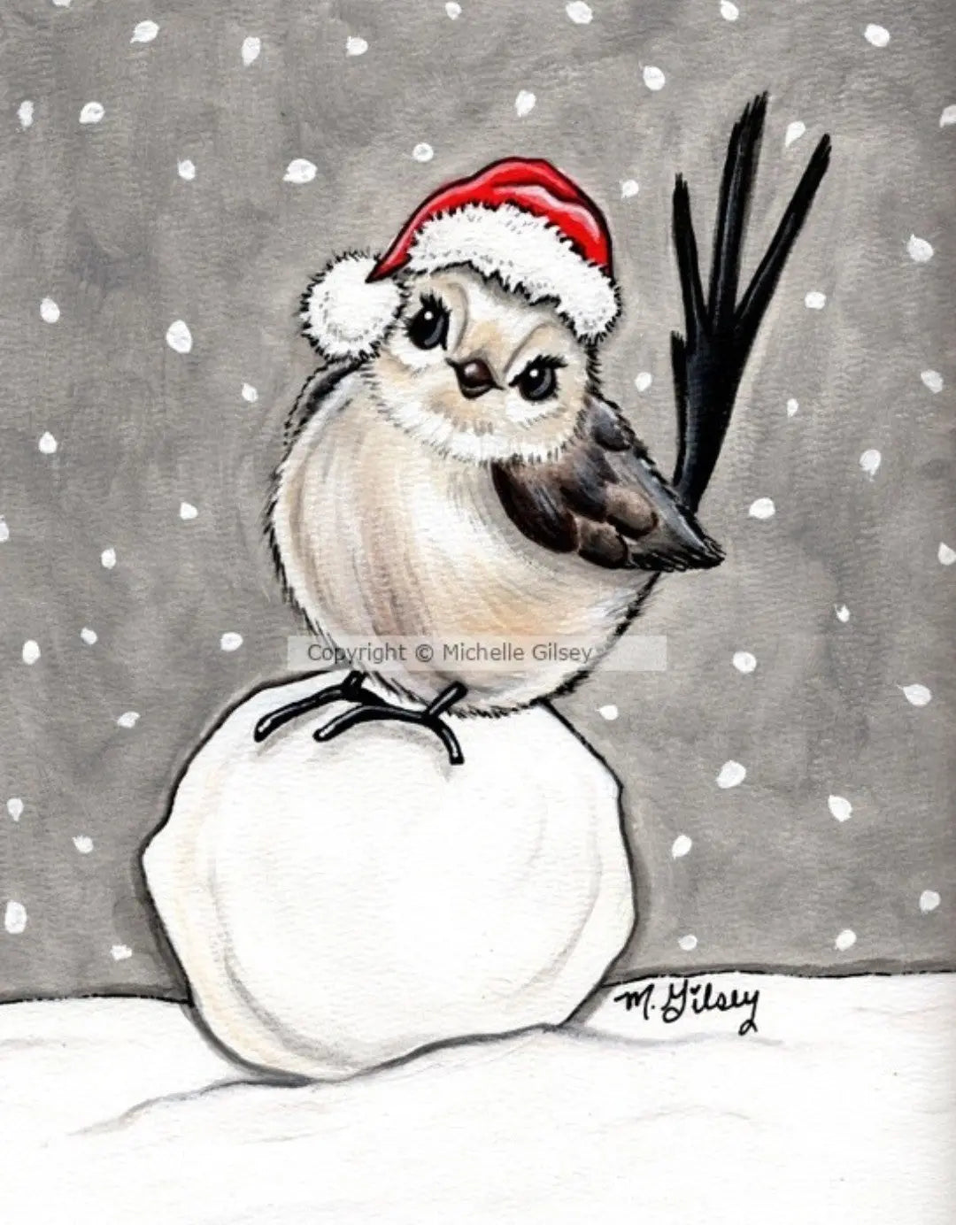 Snowball Santa Birdie ORIGINAL Acrylic Painting, bird, snowy, santa hat, winter Outta the Blue Studio