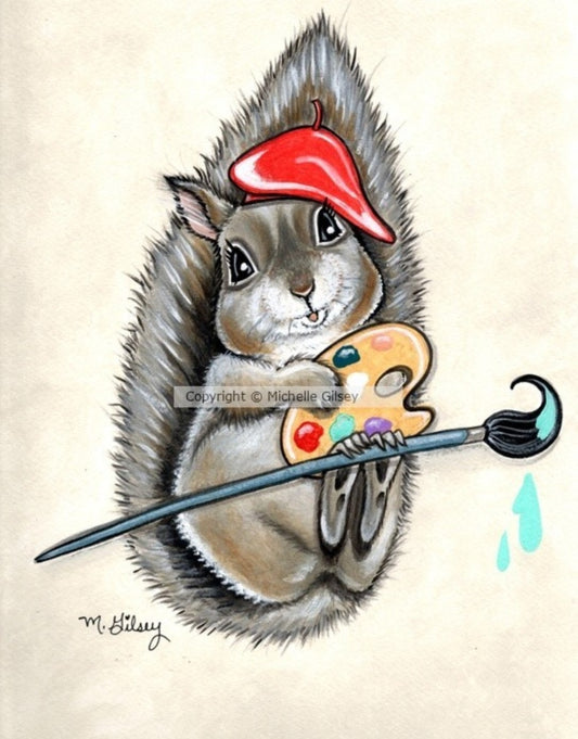 Squirrely Artist ORIGINAL Acrylic Painting for Sale, squirrel, art palette, paintbrush, artist, beret
