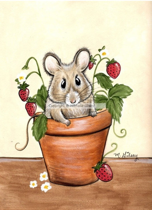 Strawberry Mouse Potted Paws ORIGINAL Acrylic Painting for Sale, mouse, strawberries