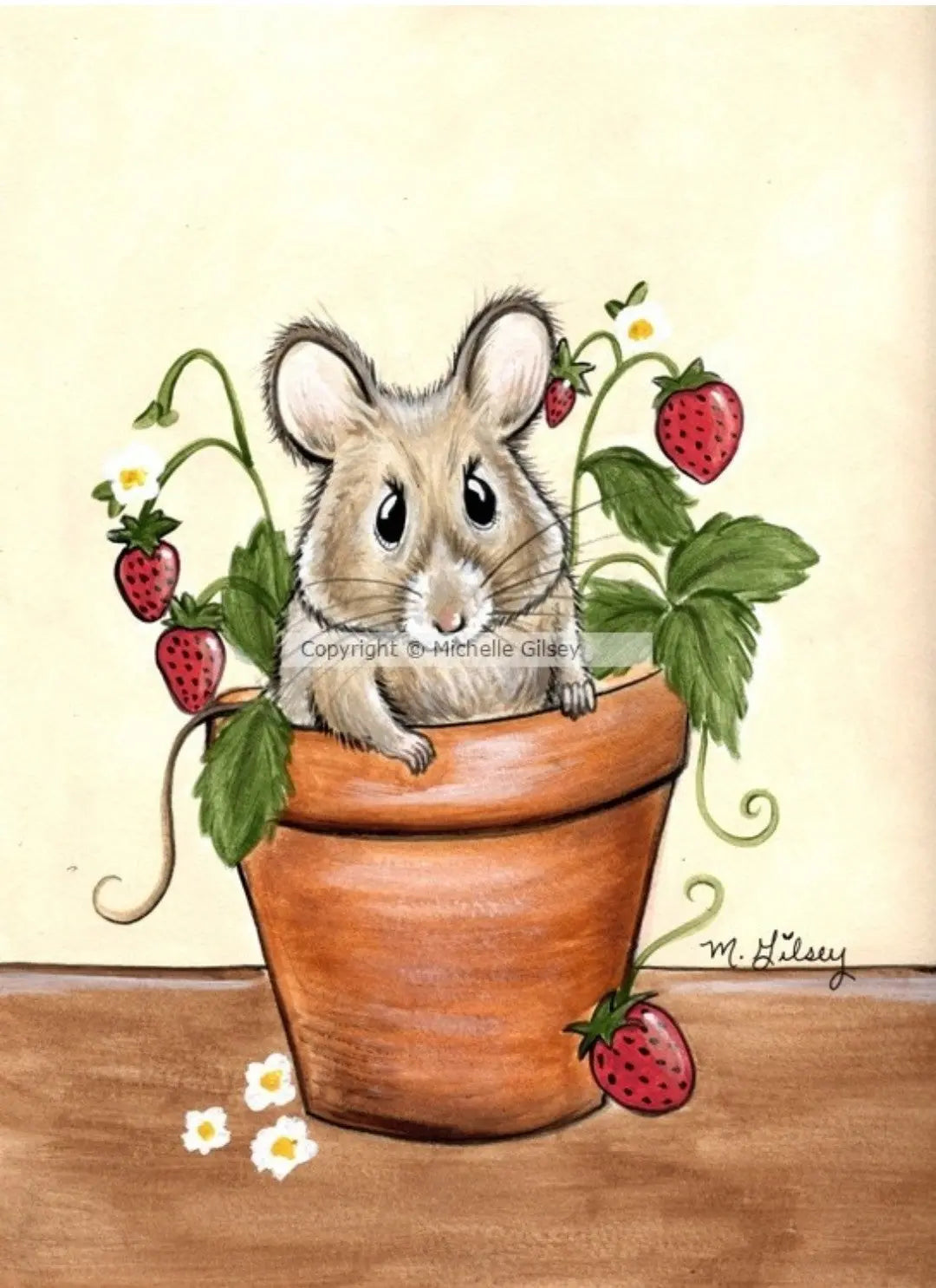 Strawberry Mouse Potted Paws ORIGINAL Acrylic Painting for Sale, mouse, strawberries Outta the Blue Studio
