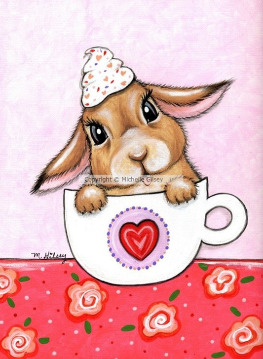Cup of Valentine Bunny ORIGINAL Acrylic Painting for Sale, bunny, coffee cup, heart, floral, cute