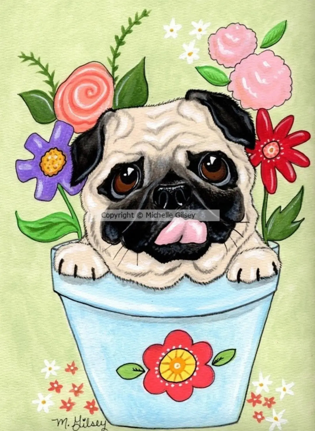 Potted Paws ORIGINAL Painting, Pug with flowers, 9"x12", art for sale, Dog painting, acrylic paints Outta the Blue Studio