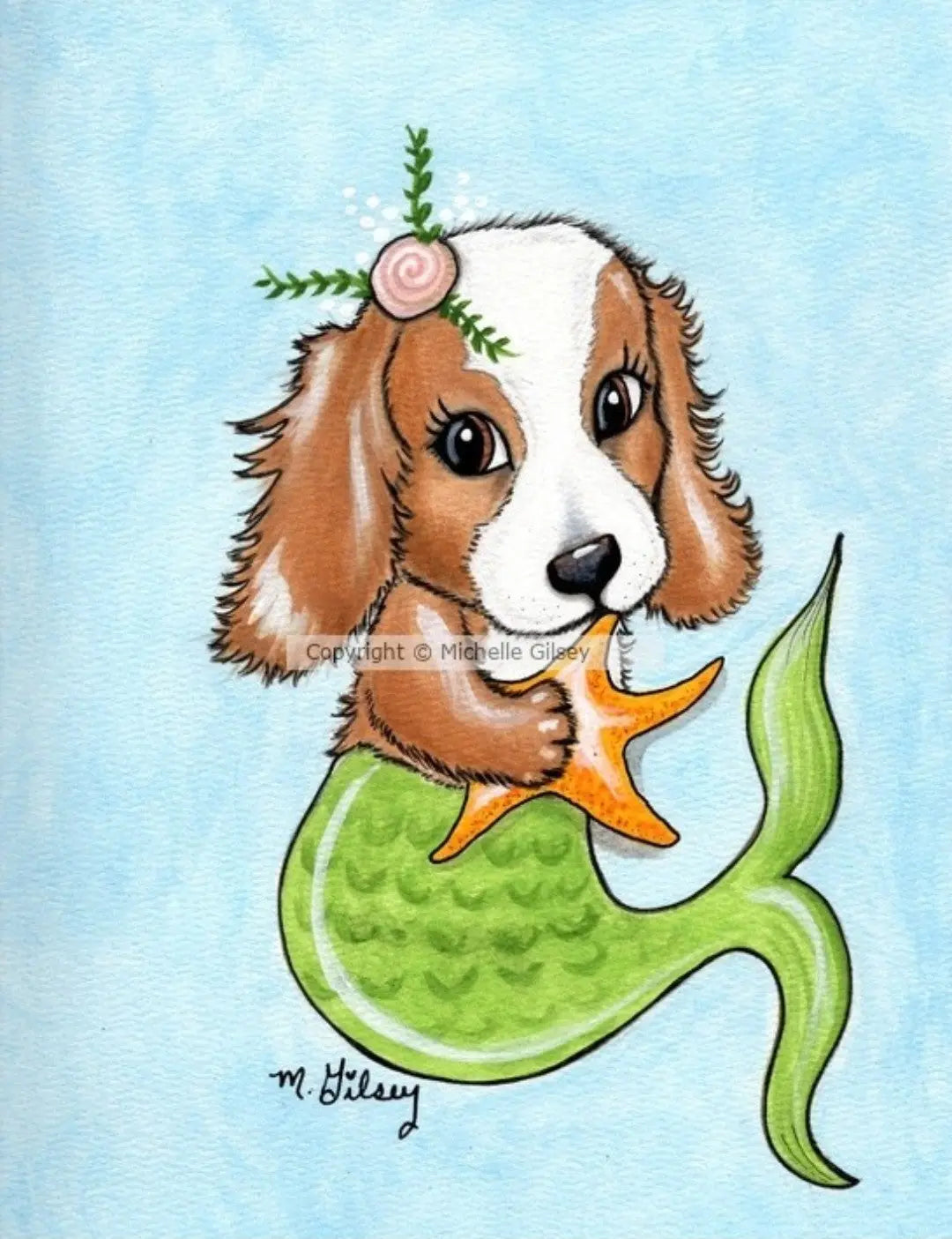 Grrrrmaid Spaniel ORIGINAL Acrylic Painting, Dog, Painted dog, dog as mermaid, ocean, sea painting, 9"x12" art Outta the Blue Studio