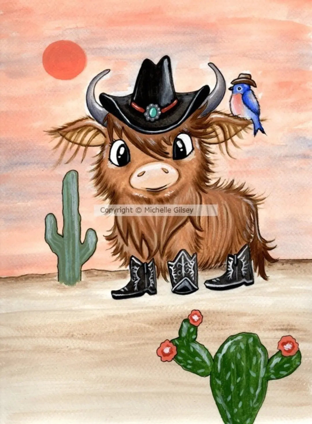 Cowboy Highland Cutie ORIGINAL Acrylic Painting 9"x12", long haired Cow, Western Decor, Kids room artwork Outta the Blue Studio