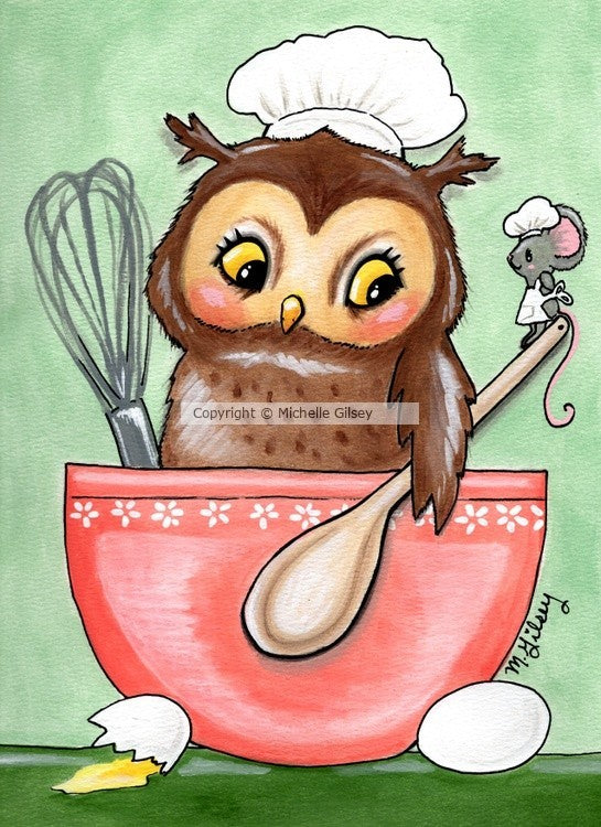 Baker Owl n Friend ORIGINAL acrylic Painting, Cute Owl baking with mouse, Unique, Fun, handpainted