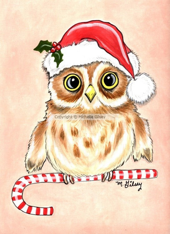 Candy Cane Owl ORIGINAL PAINTING for SALE 9"x12" painted owl with Santa hat and Candy Cane, cute