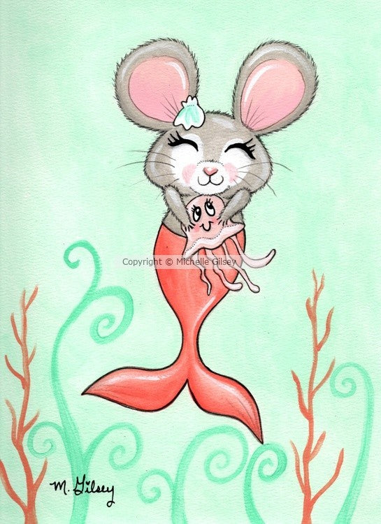 Coral the Mermouse ORIGINAL PAINTING for Sale, acrylic painting, mouse as mermaid, fun, adorable