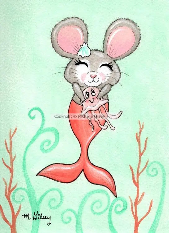 Coral the Mermouse ORIGINAL PAINTING for Sale, acrylic painting, mouse as mermaid, fun, adorable Outta the Blue Studio