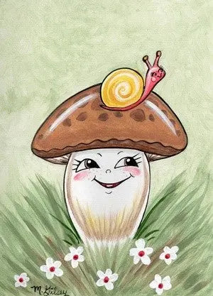 Cheerful Brown and White Freckled Mushroom n Friend ORIGINAL Painting 9"x12" Outta the Blue Studio