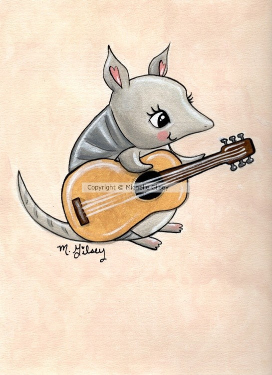 Guitaradillo ORIGINAL PAINTING for Sale, acrylic painting, original artwork, armadillo playing guitar, cute, fun art
