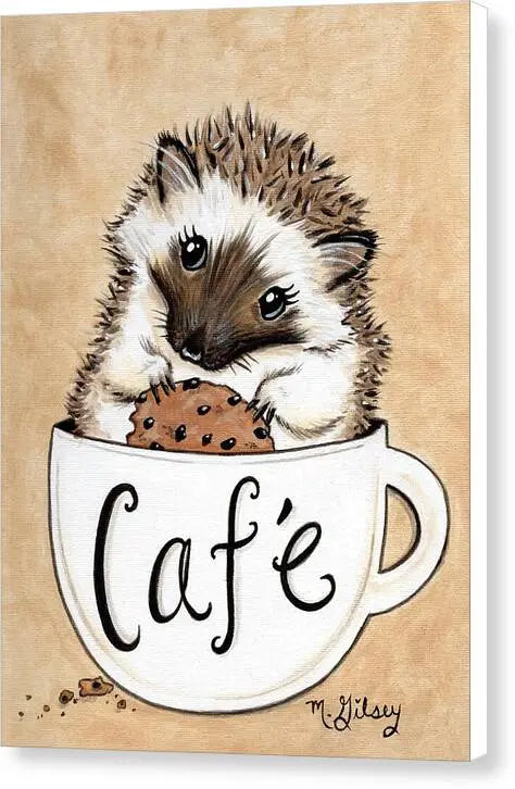 Hedgehog Cafe - Canvas Print, print of artwork, for hedgehog lovers, for coffee lovers, cafe decor, kitchen decor, gift for her Pixels
