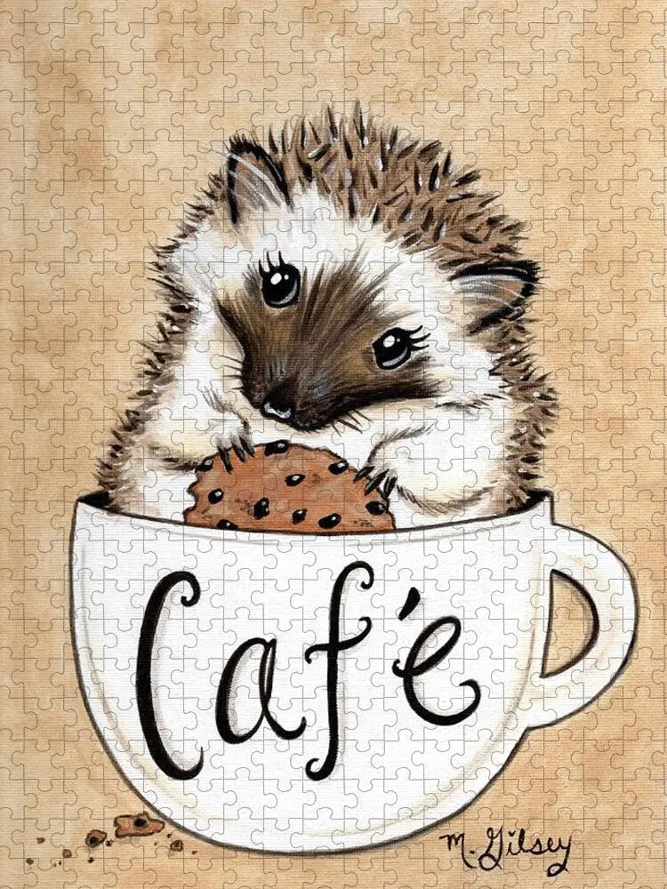 Hedgehog Cafe - Puzzle 500 piece, for puzzle lovers, coffee lover, cute hedgehog, gift for her Pixels