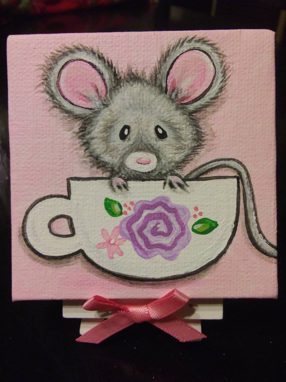A Cupful of Cute, Lil Mouse mini artwork 3x3 Custom painted just for you, choose colors, flower, teacup art, mouse painting