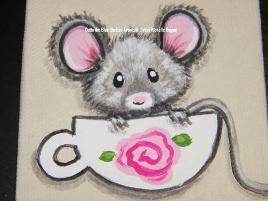 A Cupful of Cute, Lil Mouse mini artwork 3x3 Custom painted just for you, choose colors, flower, teacup art, mouse painting