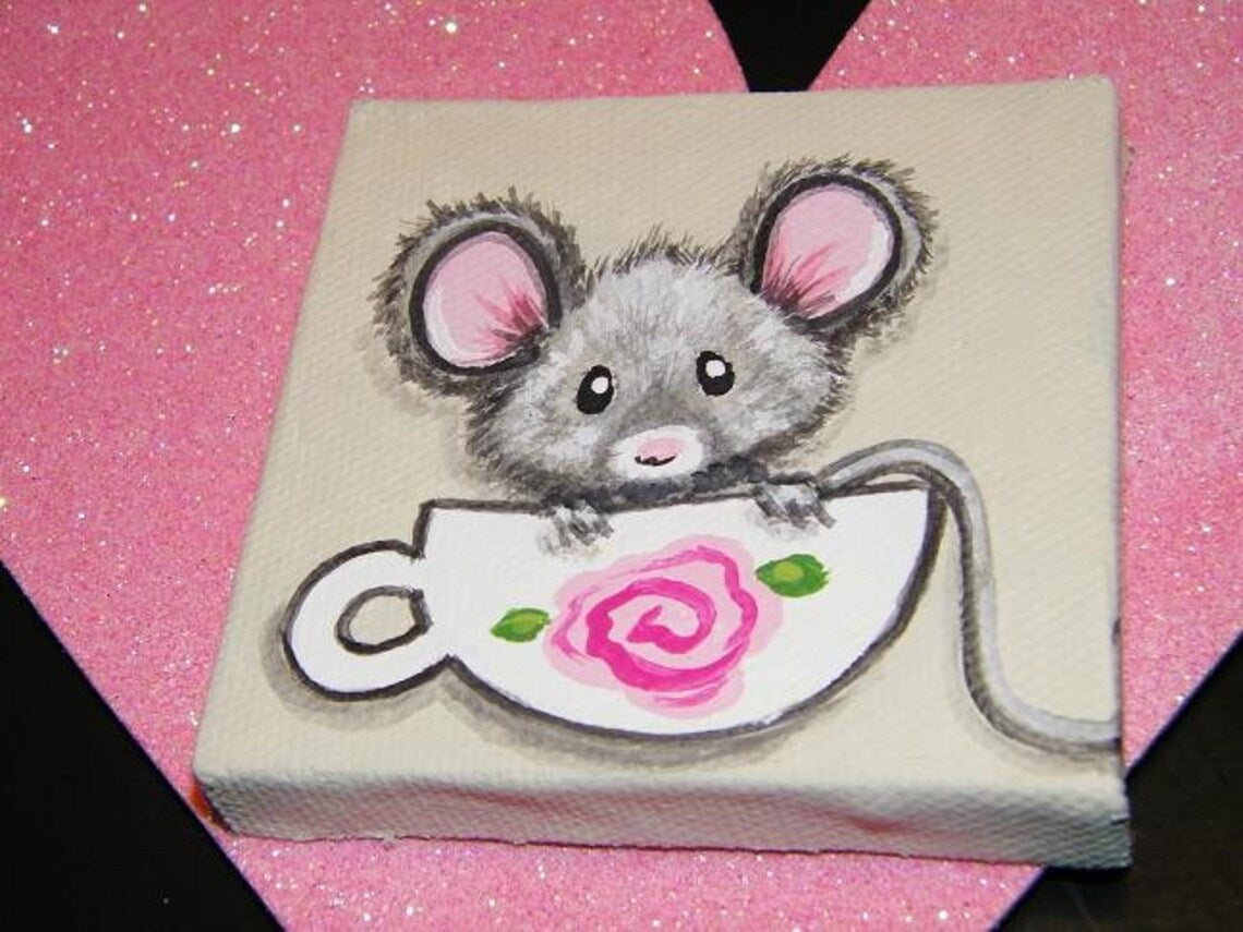 A Cupful of Cute, Lil Mouse mini artwork 3x3 Custom painted just for you, choose colors, flower, teacup art, mouse painting