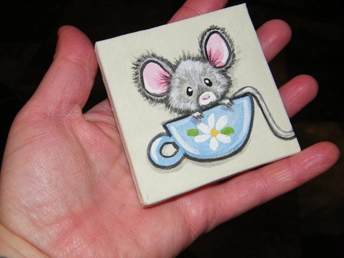 A Cupful of Cute, Lil Mouse mini artwork 3x3 Custom painted just for you, choose colors, flower, teacup art, mouse painting