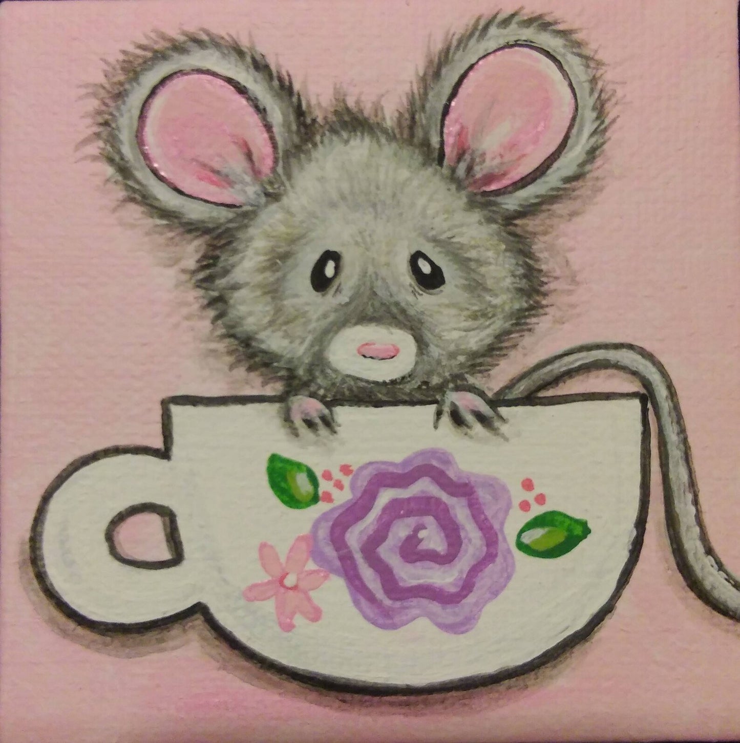 A Cupful of Cute, Lil Mouse mini artwork 3x3 Custom painted just for you, choose colors, flower, teacup art, mouse painting