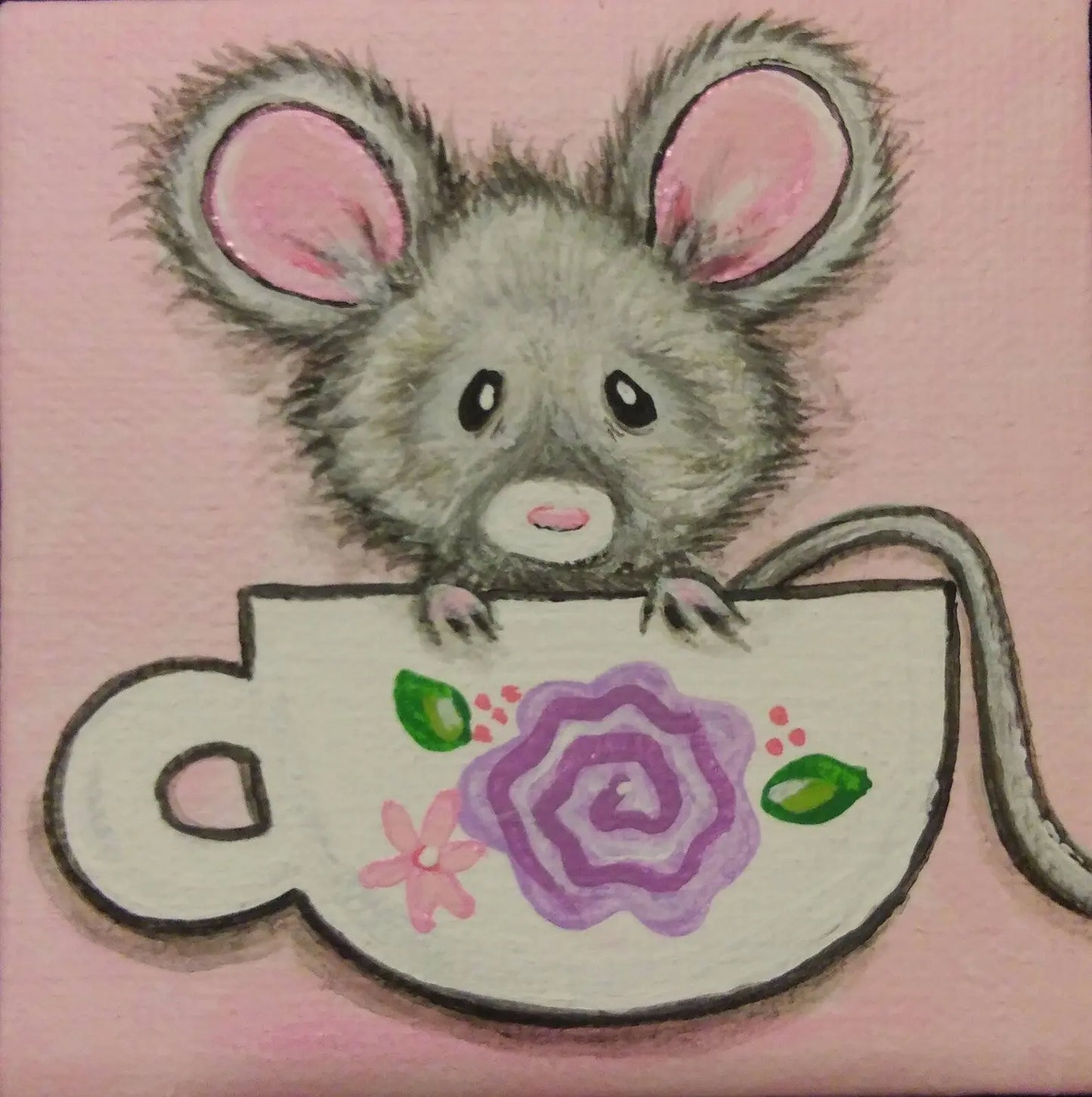 A Cupful of Cute, Lil Mouse mini artwork 3x3 Custom painted just for you, choose colors, flower, teacup art, mouse painting Outta the Blue Studio
