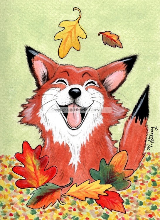 Laughing Fall Fox ORIGINAL PAINTING for Sale, 9"x12" hand painted cute fox autumn, fall decor